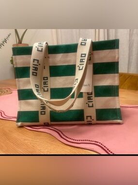 Clare V | Noemie Green & Cream Canvas Tote | NWT